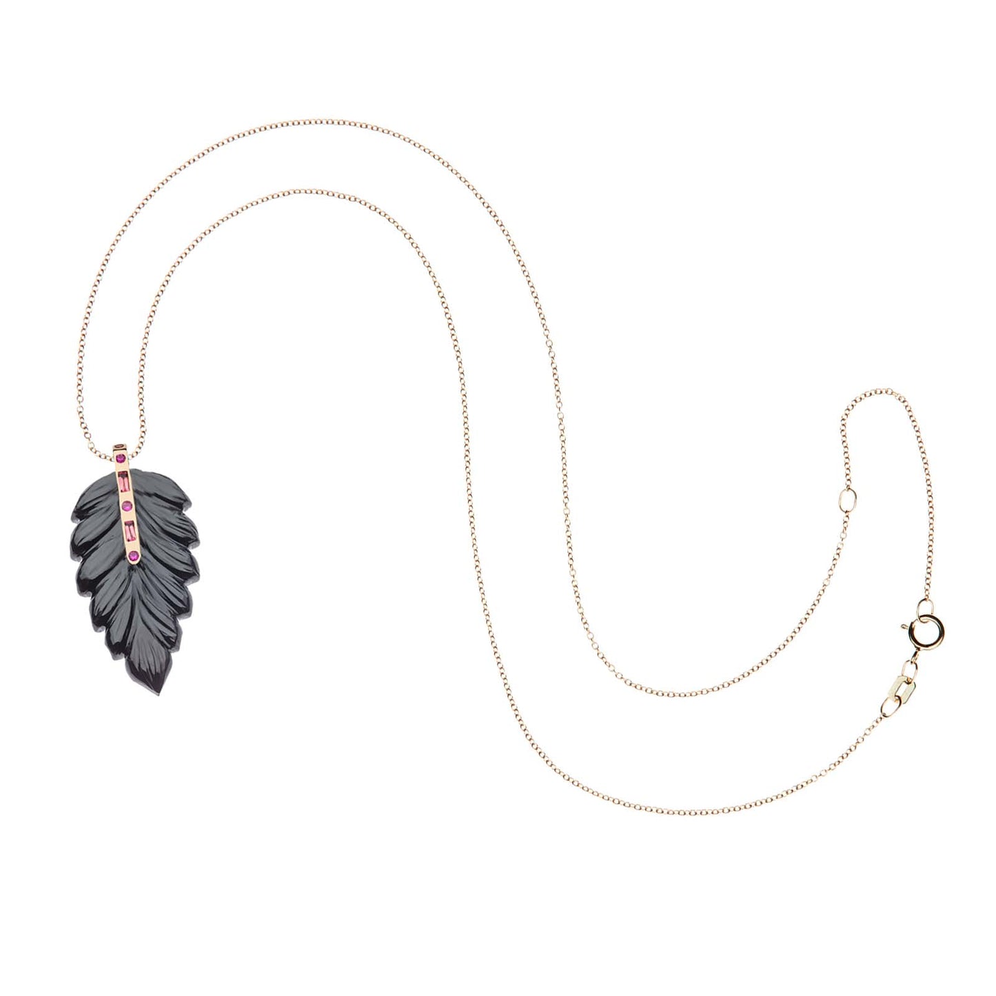 LUCKY Carved Onyx Feather Pendant in Solid Gold