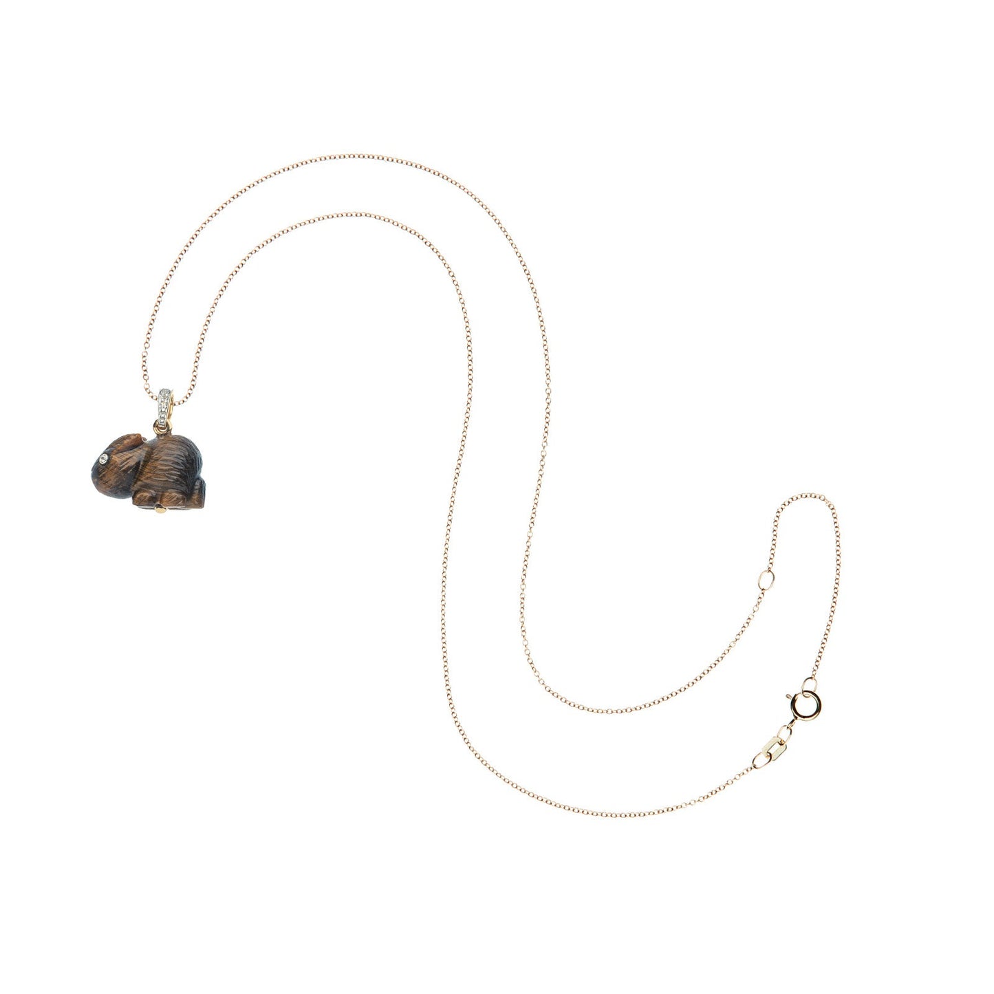 LUCKY Carved Tiger's Eye Rabbit Pendant in Solid Gold